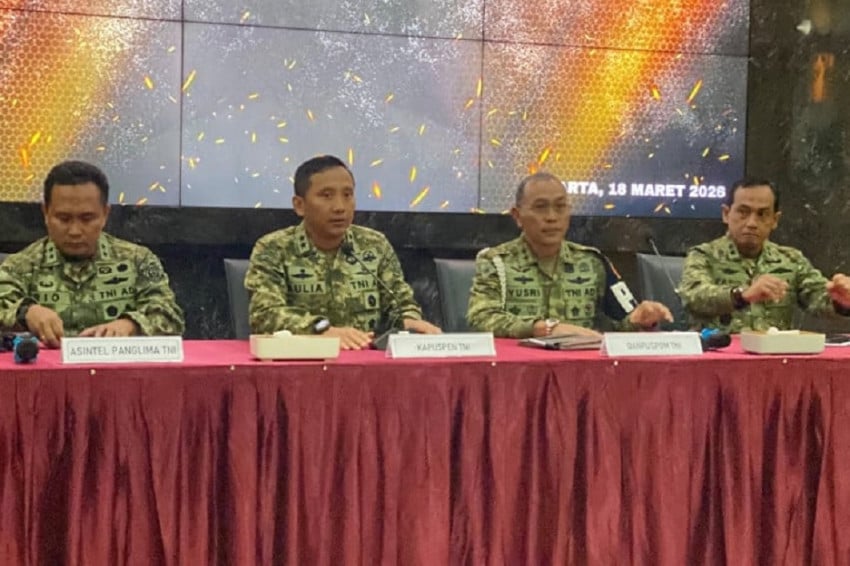 Komandan Pusat Polisi Militer (Danpuspom) TNI Mayjen Yusri Nuryanto, dalam konferensi pers di Mabes TNI, Cilangkap, Jakarta, Rabu 18 Maret 2026. Foto/Dok.SindoNews