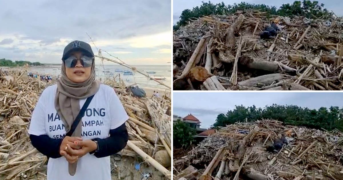 Foto Gunungan sampah setinggi 5 Meter terlihat di menumpuk di bibir Pantai Jerman Kuta Bali. Reporter Lapangan Tri Widiyanti Prasetiyo saat melaporkan dari lokasi. (Hey Bali)