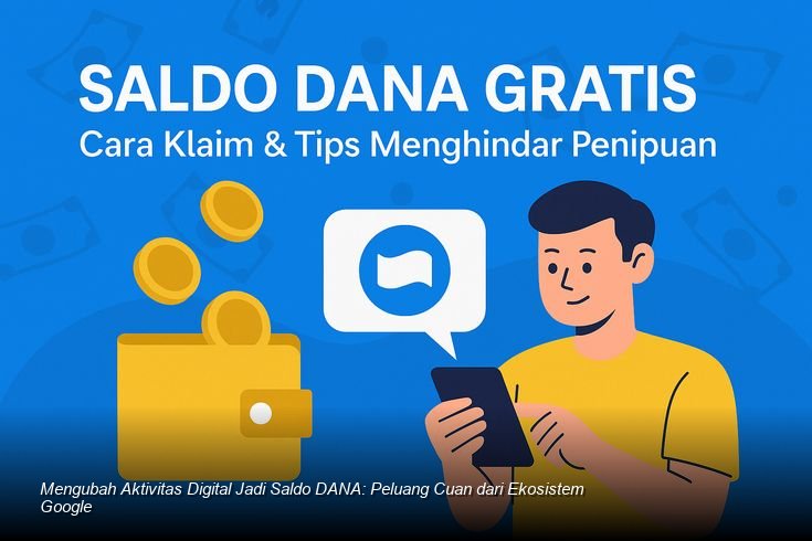 Ilustrasi seseorang yang sedang menggunakan ponselnya untuk mengklaim saldo DANA dari notifikasi aplikasi yang terintegrasi dengan layanan Google.