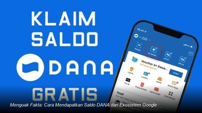 Seorang pengguna sedang menggunakan smartphone untuk mengakses aplikasi resmi Google dengan latar belakang logo DANA.